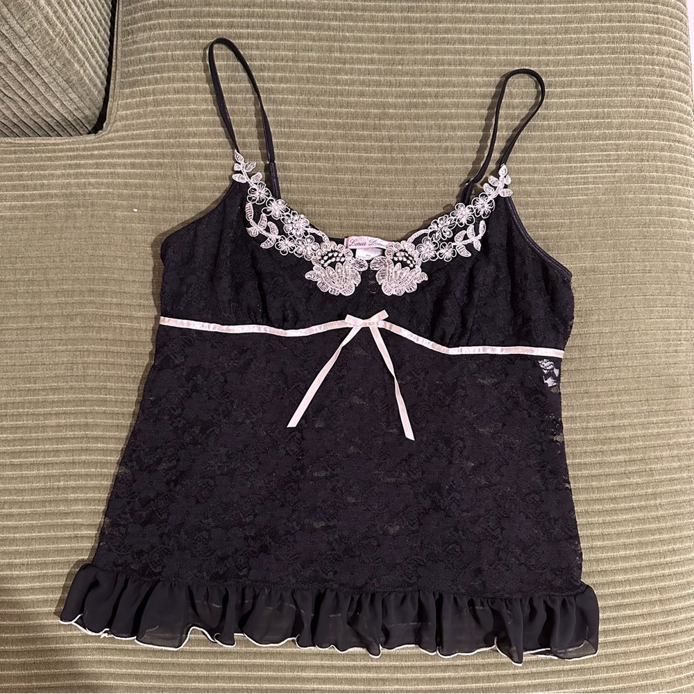 Black Lace Camisole with White Floral Detail